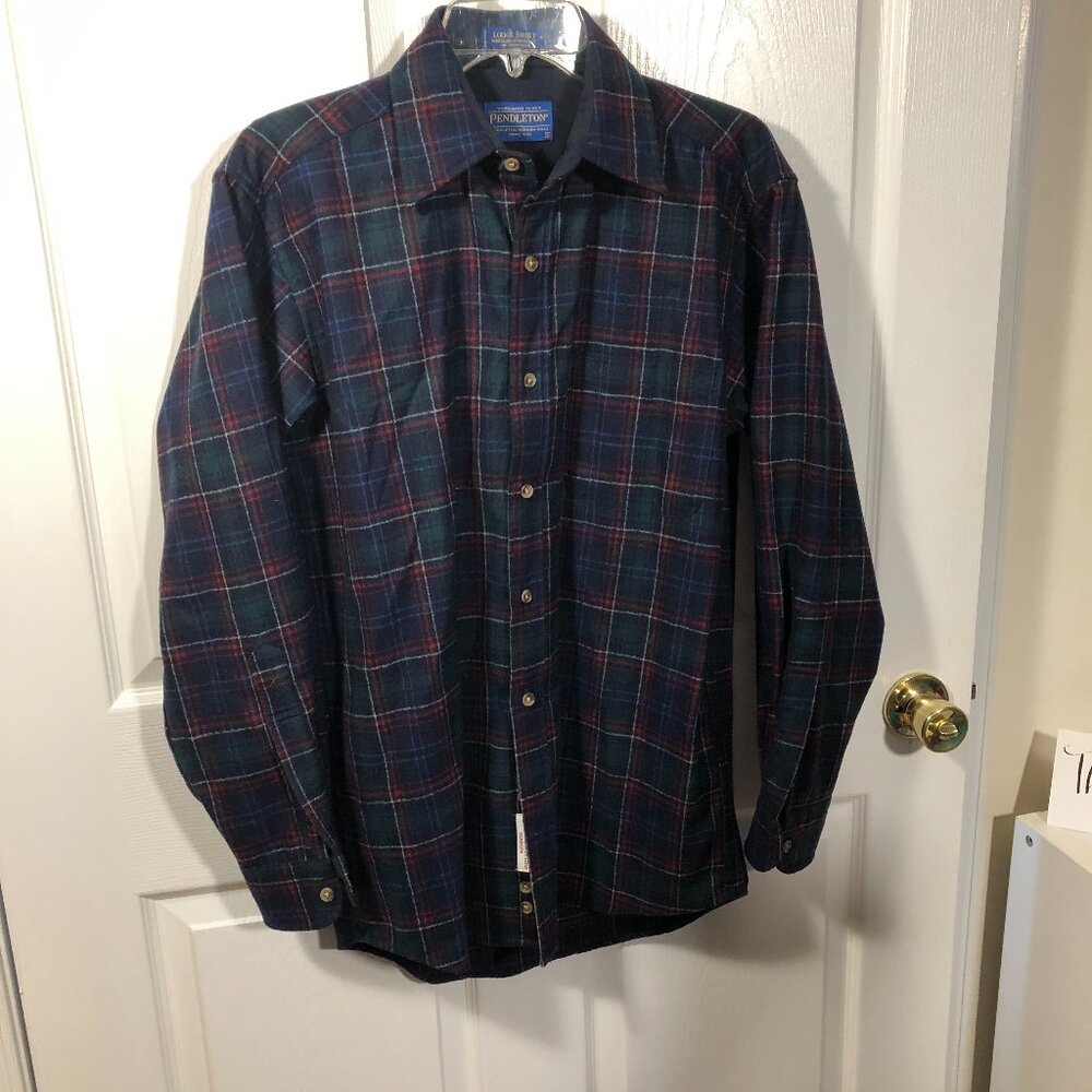 Pendleton men 100% virgin wool Lodge Shirt, navy red tartan print, S